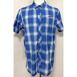 Icebreaker Merino Wool Short Sleeve Blue White Plaid Button Men's L Large Shirt